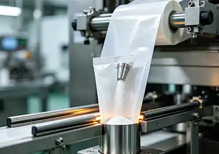 High speed stick pack machine showing film tube formation